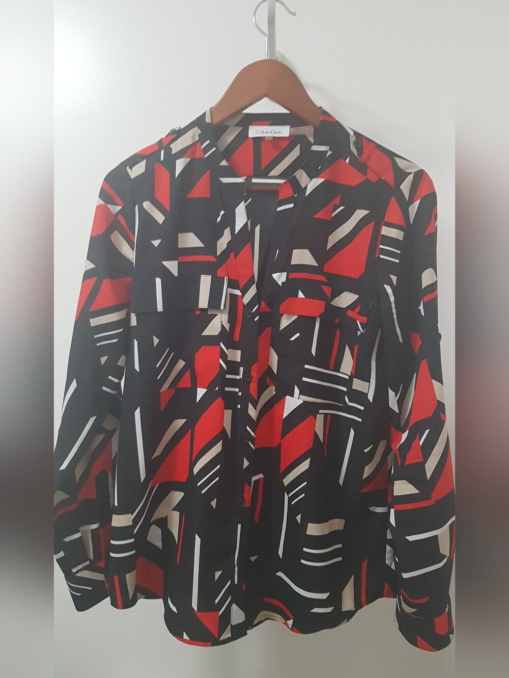 Calvin Klein Black, Red & White Geometric Print Blouse